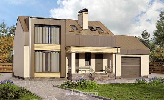 150-015-Л Проект двухэтажного дома мансардой и гаражом, доступный коттедж из твинблока Верхотурье | Проекты домов от House Expert