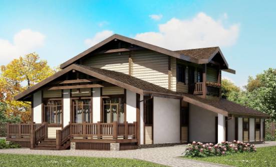 190-004-П Проект двухэтажного дома мансардой и гаражом, простой домик из бризолита из бревен Невьянск | Проекты домов от House Expert